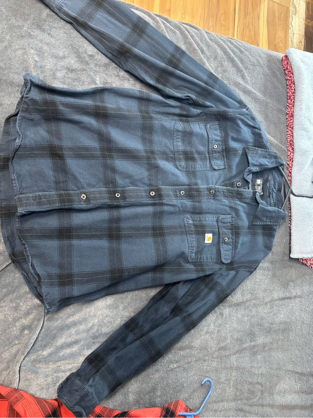 Carhartt Men's Dark Blue and Black Plaid Button-Down Shirt